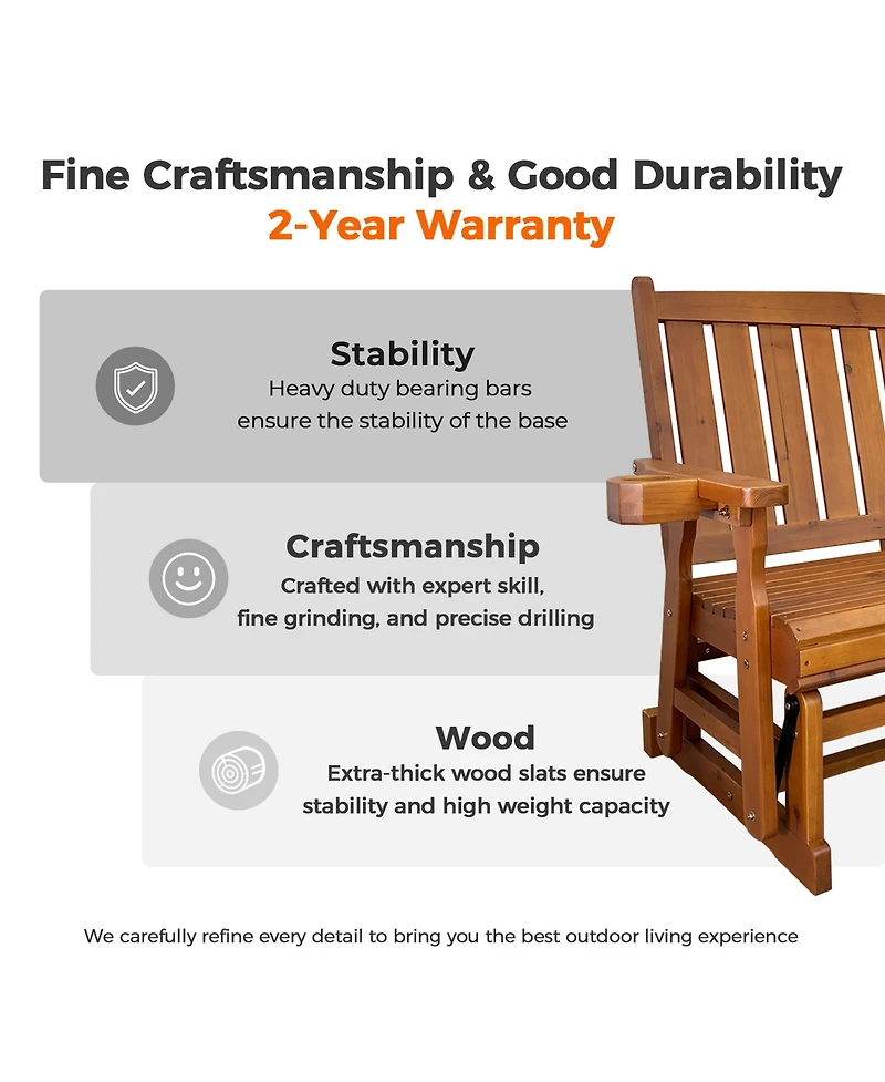 Mega Casa Solid Fir Wood 2-Person Outdoor Glider Bench, Heavy-Duty Wooden Patio Rocking Loveseat with Cup Holders