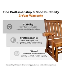 Mega Casa Solid Fir Wood 2-Person Outdoor Glider Bench, Heavy-Duty Wooden Patio Rocking Loveseat with Cup Holders