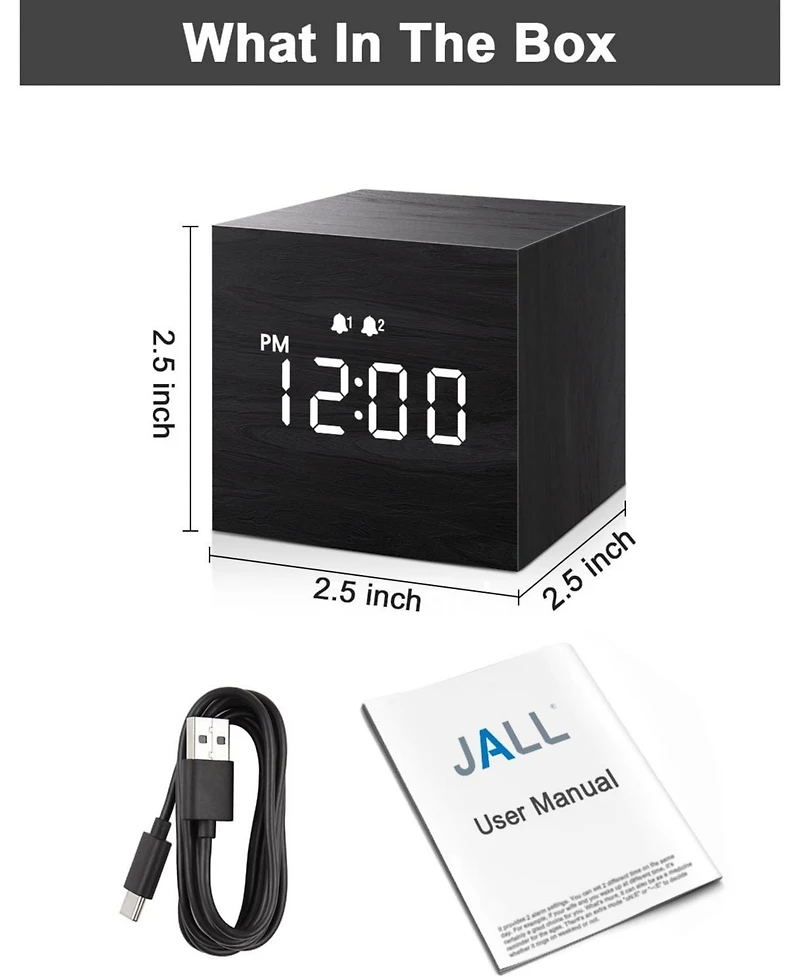 Jall 2.5 Inch Mini Wooden Digital Alarm Clock Dual Alarms with Weekday Weekend and Everyday Modes Adjustable Brightness Usb Powered