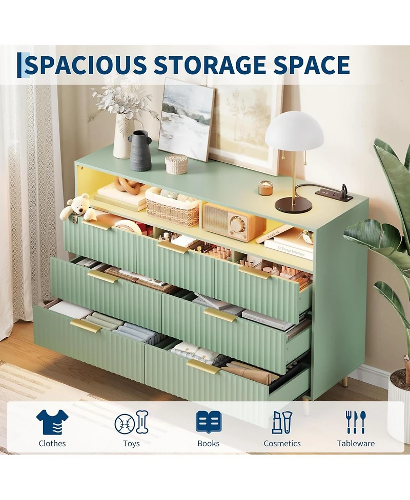 gaomon 7 Drawers Dresser for Bedroom, 54" Wide Dressers with Led Lights and Charging Station, Curved Profile Design