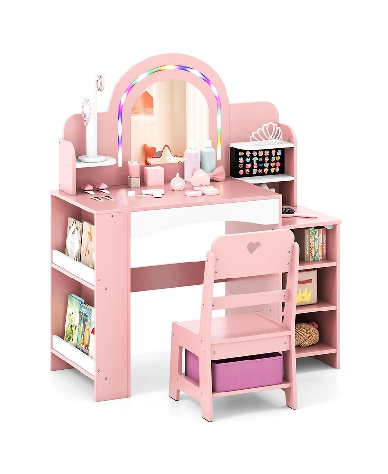 Slickblue Kids Makeup Vanity Table and Chair Set with Color Changing Led Lights