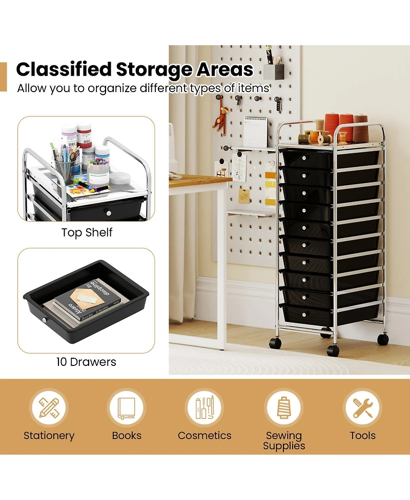 Slickblue Rolling Organizer Cart with 10 Drawers, Metal Frame and Universal Wheels