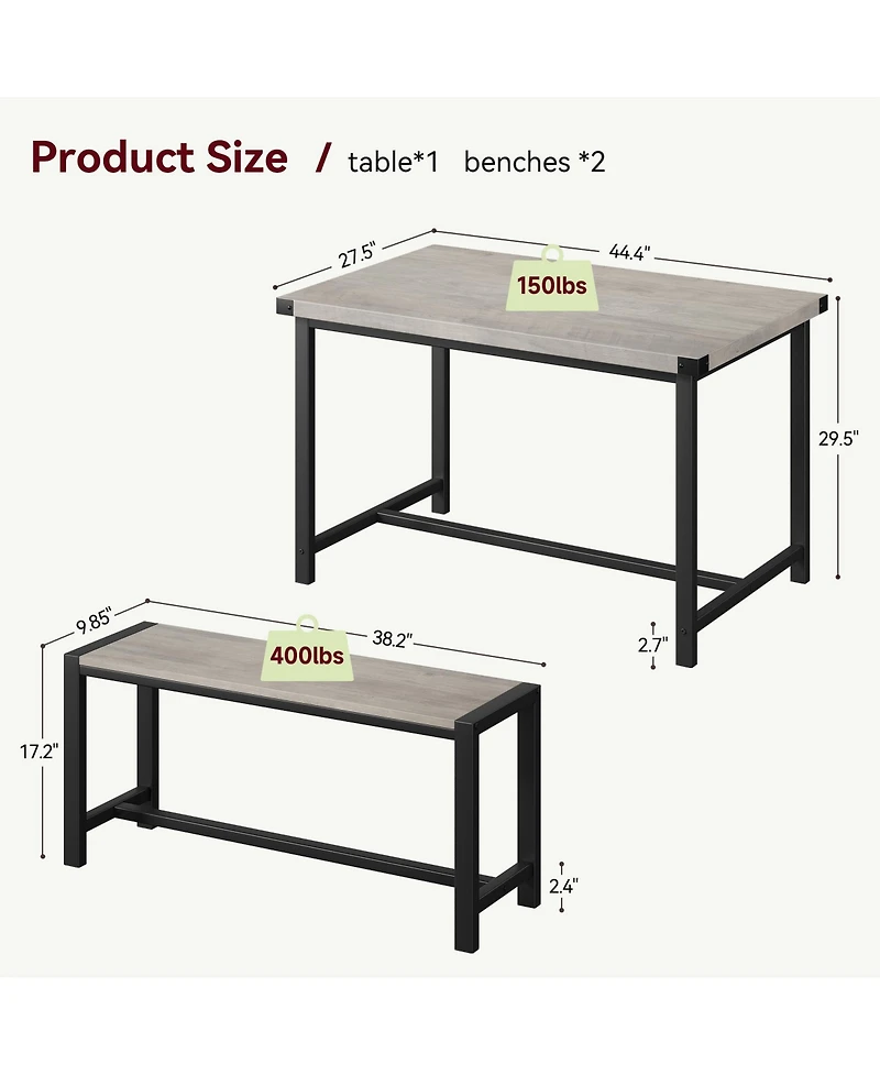 homfan 4-Piece Space Saving Dining Set, Sturdy Engineered Wood Metal Frame Bench Set Easy Care Home Dining Furniture