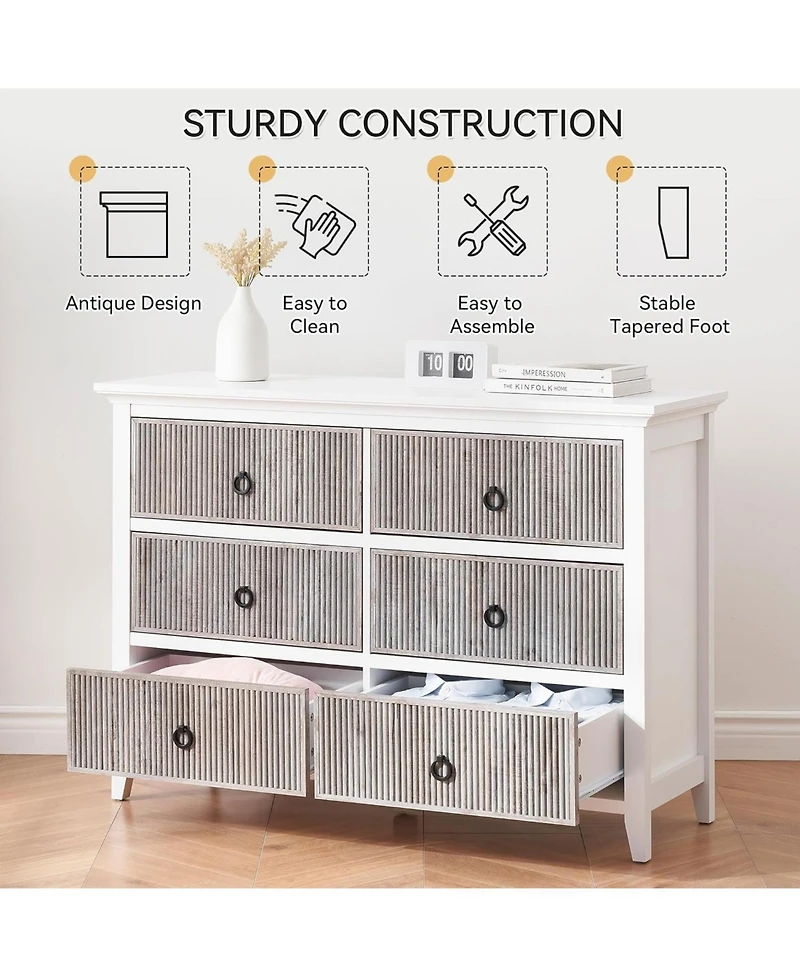 gaomon 6-Drawer Fluted Dresser, Wide Wood Chest with Deep Storage