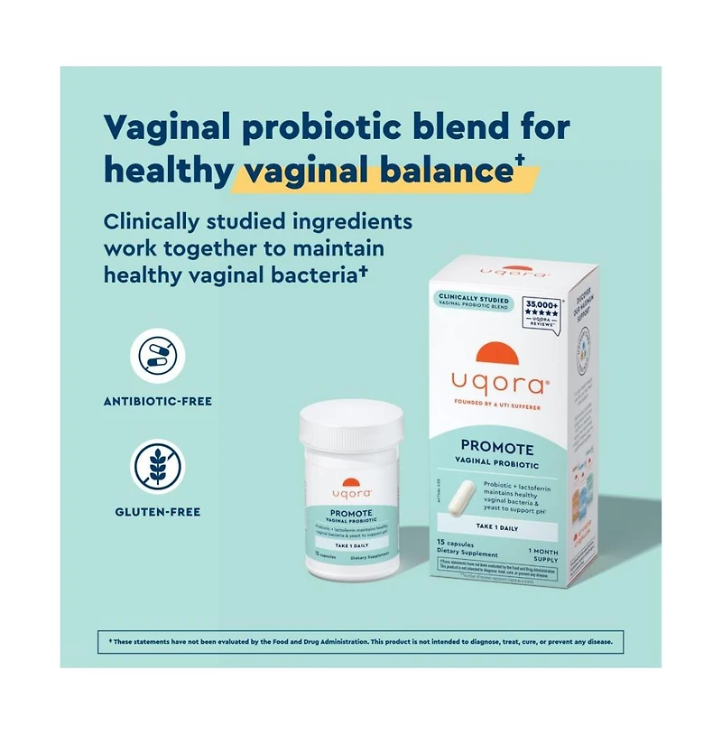 Uqora Promote Vaginal Health Probiotic for Women with Lactoferrin, Lactobacillus Acidophilus & Lacticaseibacillus Rhamnosus, 15 Capsules