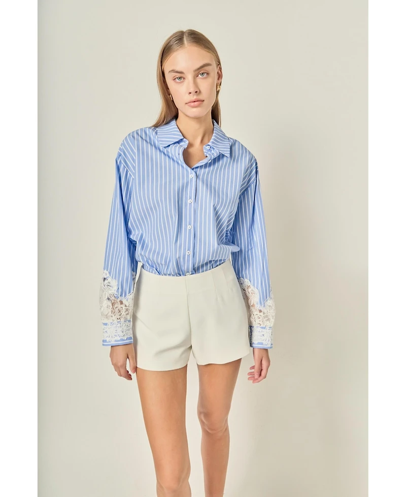 English Factory Women's Oversized Lace Trim Stripe Shirt