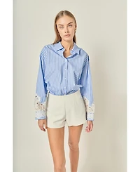 English Factory Women's Oversized Lace Trim Stripe Shirt