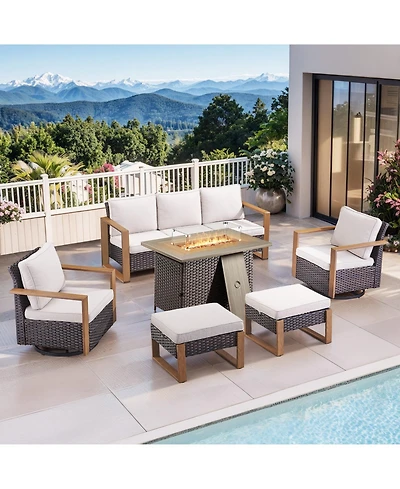 Pocassy 6 Pieces Patio Furniture Set, Outdoor Wicker Sofa Couch with Fire Pit Table, Ottomans and Cushions, All Weather Rattan Conversation Set