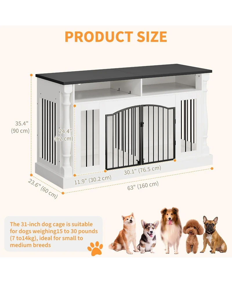 homfan Roman Column 63 Inch Large Dog Crate Furniture for 2 Dogs with Open Storage, Heavy Duty Kennel Entertainment Table Tv Stand.