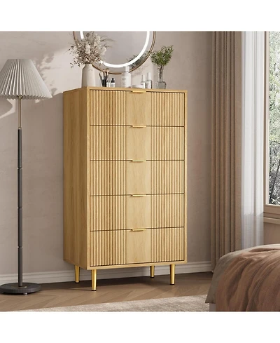 gaomon 5 Drawer Wooden Fluted Tall Dresser with Metal Handles