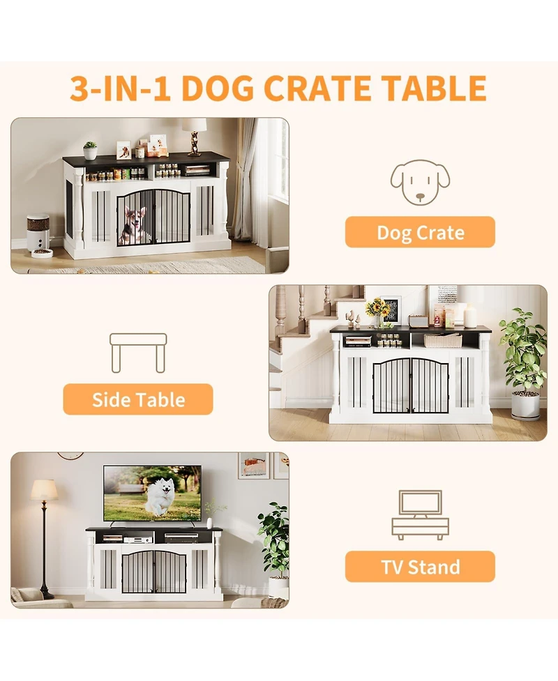homfan Roman Column 63 Inch Large Dog Crate Furniture for 2 Dogs with Open Storage, Heavy Duty Kennel Entertainment Table Tv Stand.