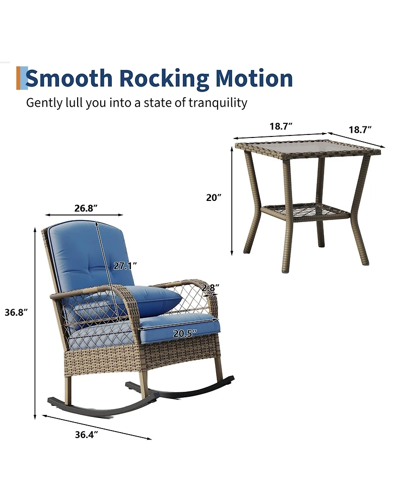 homfan Outdoor Wicker Rocking Chair Set, Rattan Garden Bistro Set with 2 Rockers and 1 Table for Patio or Backyard