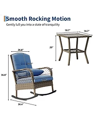 homfan Outdoor Wicker Rocking Chair Set, Rattan Garden Bistro Set with 2 Rockers and 1 Table for Patio or Backyard