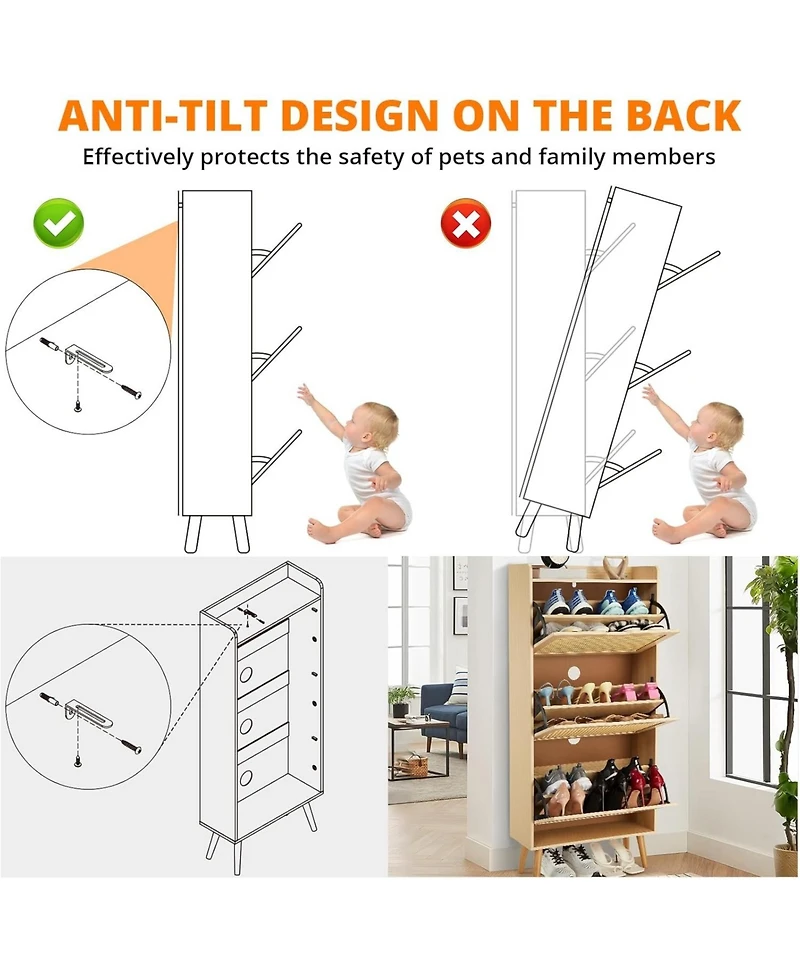 gaomon Narrow 3-Tier Shoe Cabinet with 3 Woven Rattan Flip Drawers