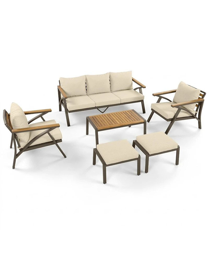 Asagikoiai 6-Piece Outdoor Patio Furniture Set with Acacia Coffee Table and Ottomans