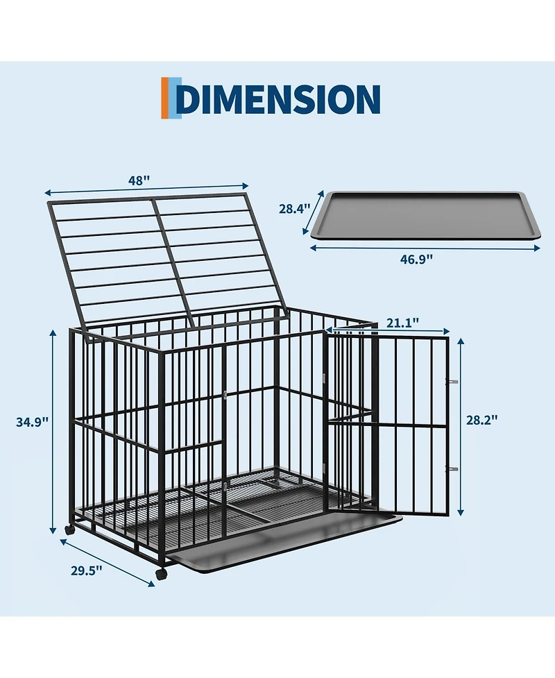 homfan Heavy Duty Dog Crate for Large Breeds, Steel Kennel with Locking Wheels