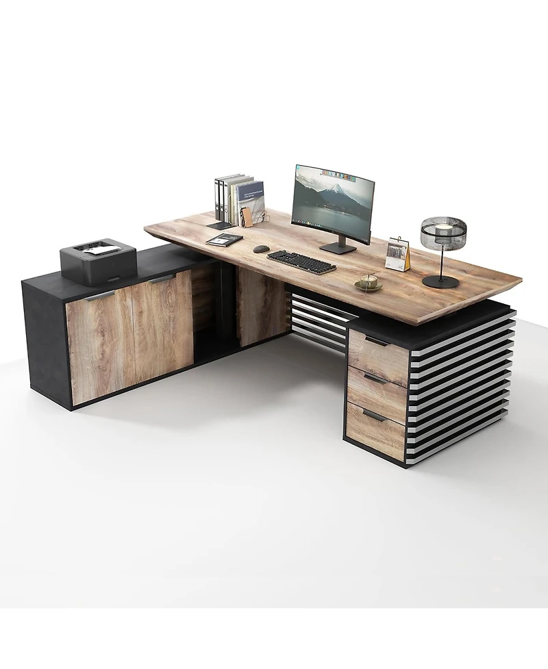 Logicfox L Shaped Executive Standing Desk with Drawers Universal Charging Ports