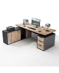 Logicfox L Shaped Executive Standing Desk with Drawers Universal Charging Ports