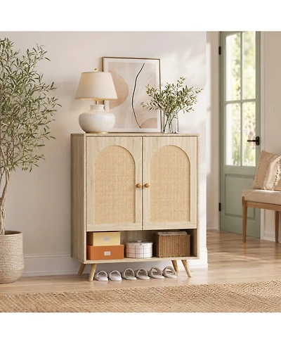 homfan Rattan Shoe Cabinet with Adjustable Shelves, Concealed Entryway Storage, Spacious Top Surface, Sturdy Wood Legs with Floor-Protecting