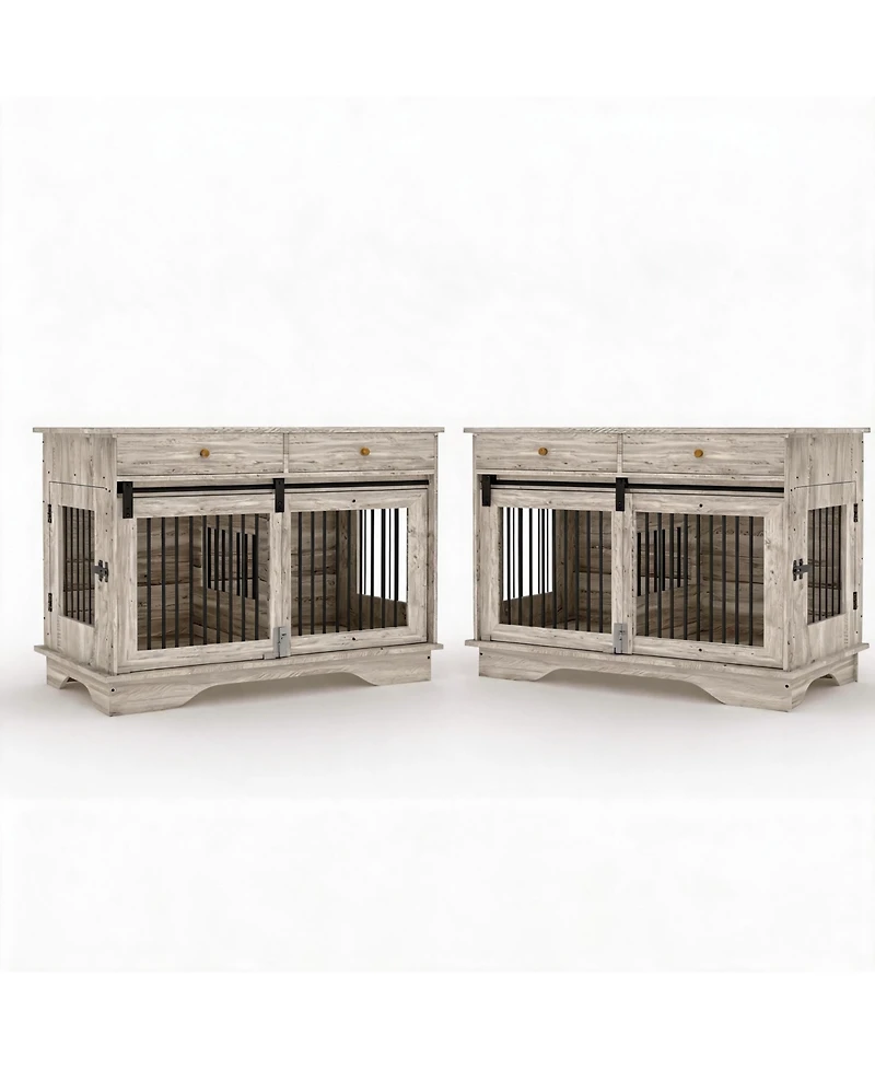 homfan Set of 2 Dog Crate Furniture, 47 Inch Gray Pet Health End Table with Storage Drawers and Removable Divider for Small Medium Large Dogs