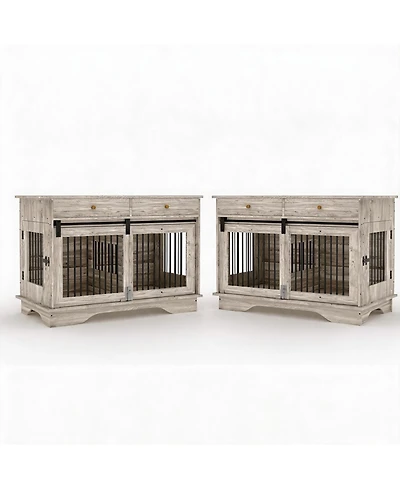 homfan Set of 2 Dog Crate Furniture, 47 Inch Gray Pet Health End Table with Storage Drawers and Removable Divider for Small Medium Large Dogs