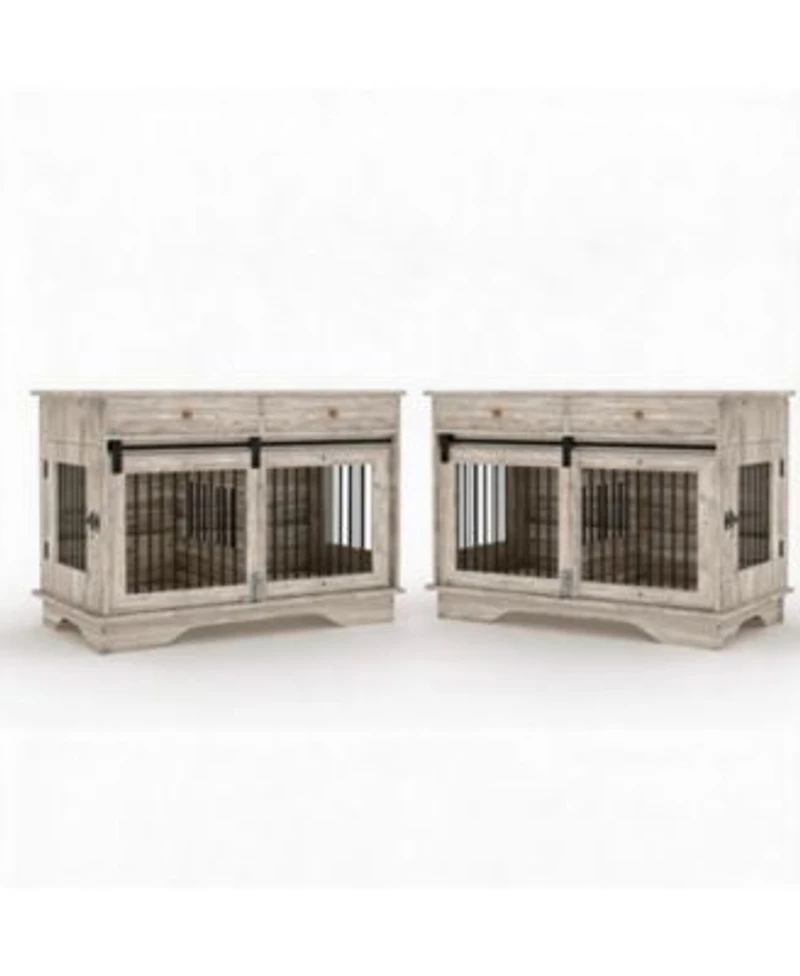 Homfan Set Of 2 Dog Crate Furniture 47 Inch Gray Pet Health End Table With Storage Drawers Removable Divider For Small Medium Large Dogs
