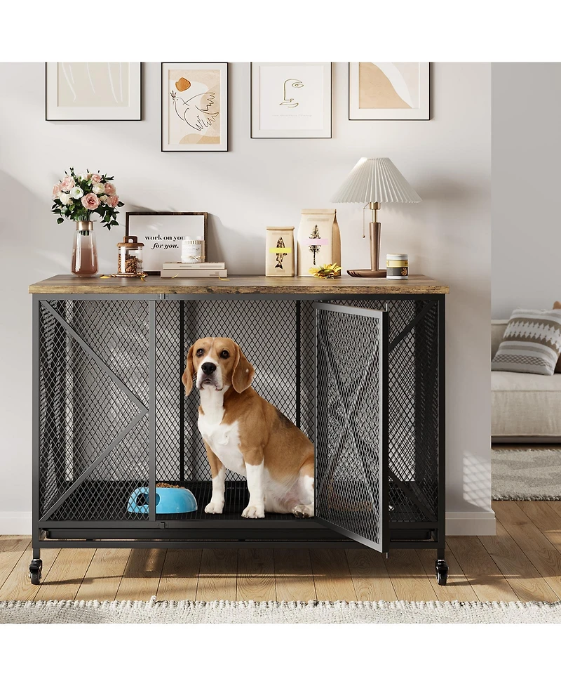 homfan Dog Crate Furniture, 48 Inch Black Indoor Dog Kennel Table with Metal Frame, Potty Tray, and Lockable Wheels for Large, Medium, and Small Dogs