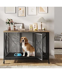 homfan Dog Crate Furniture, 48 Inch Black Indoor Dog Kennel Table with Metal Frame, Potty Tray, and Lockable Wheels for Large, Medium, and Small Dogs