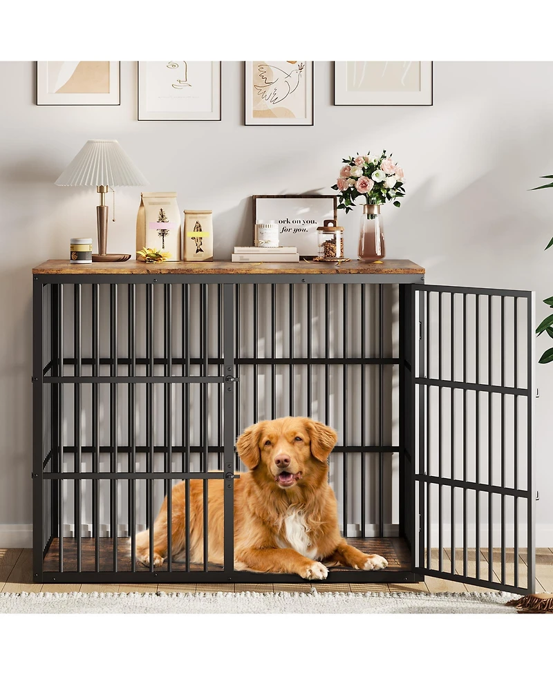 homfan Dog Crate Furniture 47 Inch Metal and Wood Indoor Kennel with 3 Lockable Doors for Medium and Large Dogs
