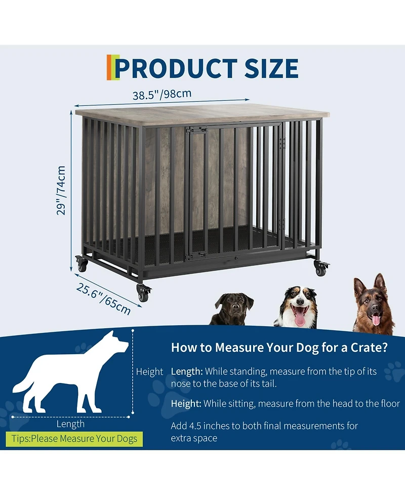 homfan Dog Crate Furniture with Removable Tray, Heavy-Duty Dog Cage with Lockable Wheels and Door, Wooden Kennel End Table for Small to Medium Breeds