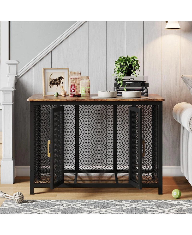 homfan Flip Top Dog Crate Furniture, 47 Inch Heavy Duty Metal Dog Cage End Table with 2 Doors and Latches for Large Medium Small Dogs