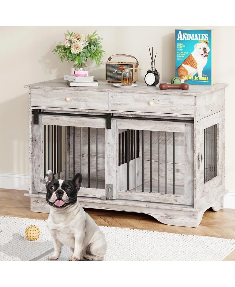 homfan Dog Crate Furniture, Dog Kennel with Storage Drawers and Sliding Barn Door, with Detachable Divider, Dog Cage End Table for 2 Medium Dogs