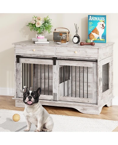 homfan Dog Crate Furniture, Dog Kennel with Storage Drawers and Sliding Barn Door, with Detachable Divider, Dog Cage End Table for 2 Medium Dogs