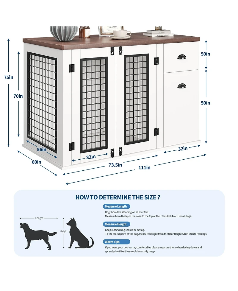 homfanDog Crate Furniture, 111 Inch Wooden Indoor Kennel End Table with Drawers and Side Cabinet for Medium Dogs