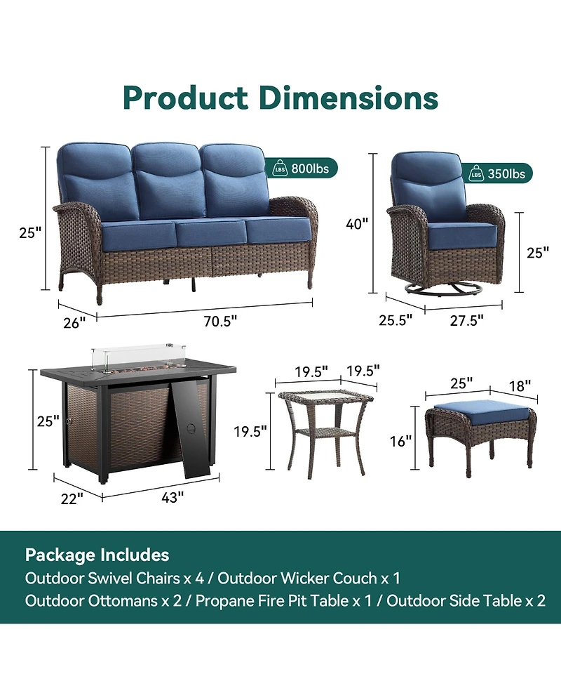 Pocassy Patio Furniture Set with 6-Inch Thick Cushions, Outdoor Couch and Swivel Rocker Chairs, Wicker Conversation for Porch Deck