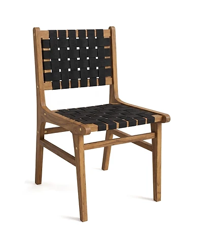 Gymax Solid Teak Hand-Woven Strap Outdoor Dining Chairs with Flex Support for Garden
