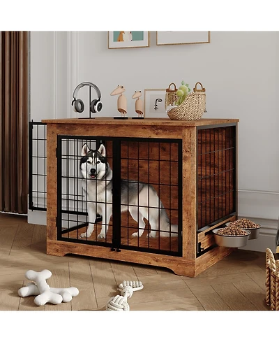 homfan Dog Crate Furniture 38 Inch Brown Wooden Indoor Kennel with 360 Degree Rotating Feeder and Dual Doors for Small and Medium Dogs