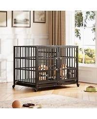 homfan Dog Crate Heavy Duty Metal Dog Cage with Flexible Divider 2 Doors 2 Feeding Bowls, and Removable Tray for Small Medium Large Pets