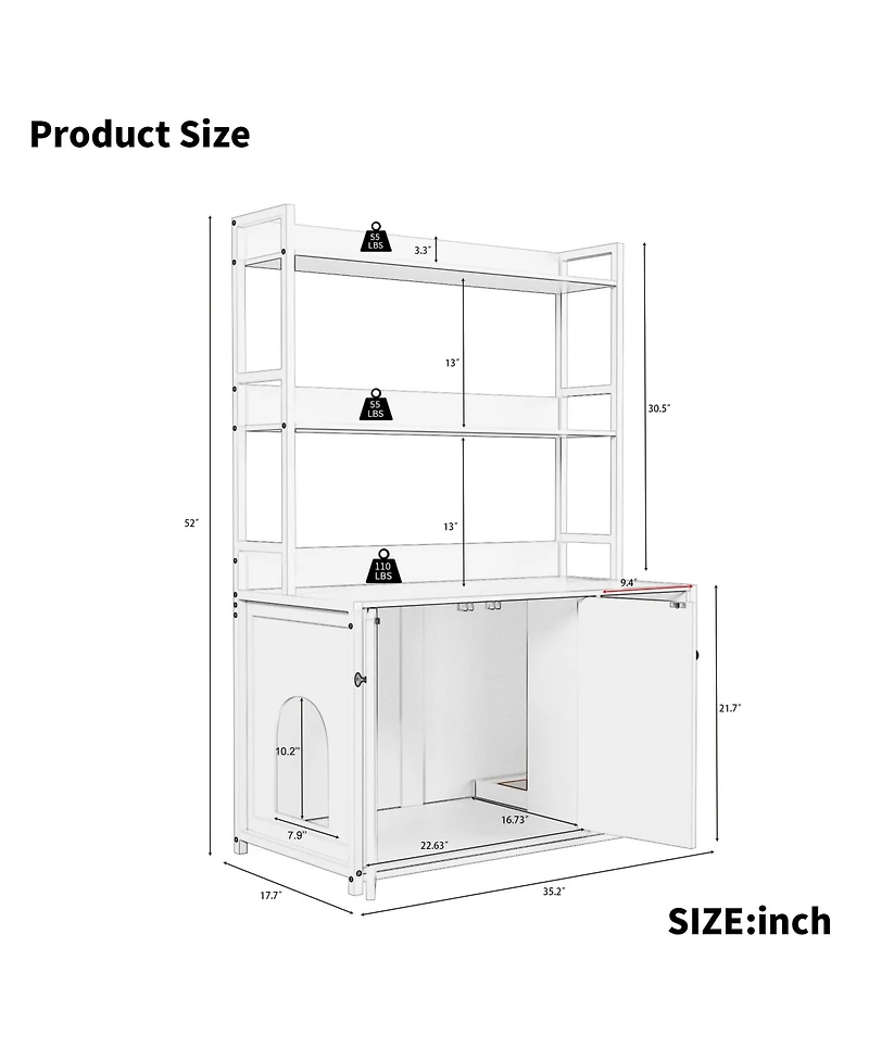 homfan 52" Cat Litter Box Enclosure with Storage Shelves and Double Doors, Modern Wooden Cabinet, Scratch Pad.