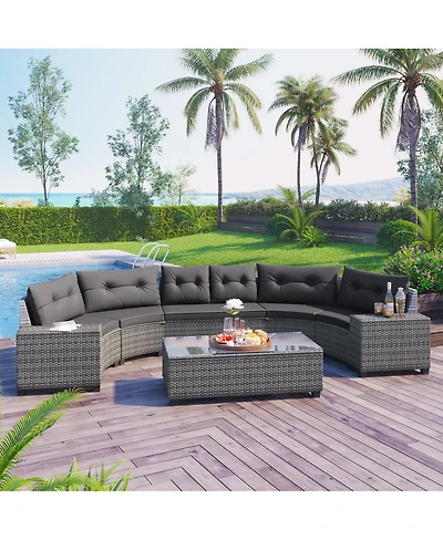Asagikoiai 8-Piece Outdoor Wicker Half-Moon Patio Sectional Sofa Set with Coffee and Side Tables-Asagikoiai