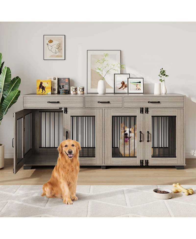 gaomon 71" Large Wooden Dog Crate Tv Stand for 2 Dogs, Indoor Furniture-Style Heavy Duty Kennel with Storage Drawers