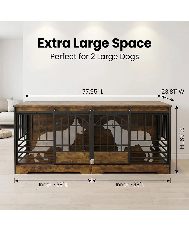 homfan Double Dog Crate Furniture for Breeds, 78" Extra Large Heavy Duty Wooden Kennel Table and Tv Stand.