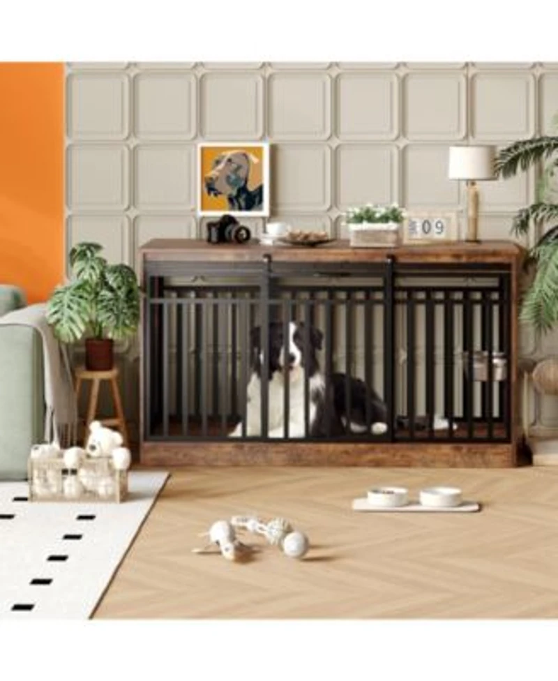 Homfan Modern Farmhouse Dog House For Medium Large Dogs 55 Inch Wood Metal Kennel Sliding Double Door Dual Drawer Storage.
