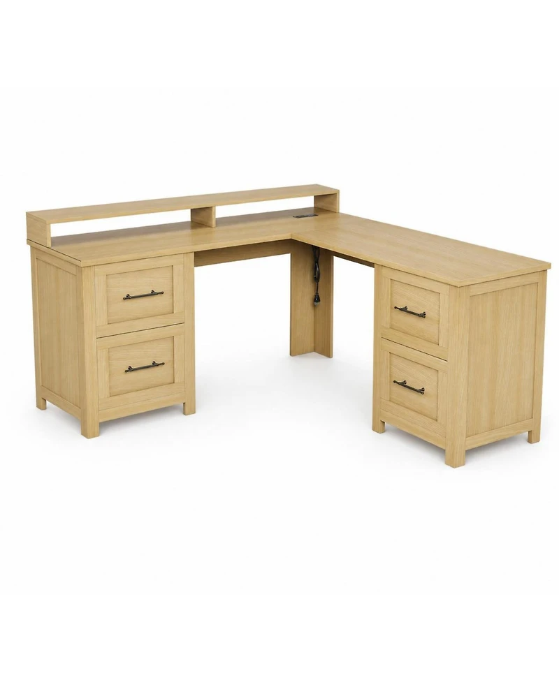gaomon 63" L-Shaped Executive Desk with 4 File Drawers and Power Outlet – Large Corner Computer Desk with Monitor Stand, Home Office Desk, Wood Tone