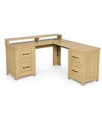 gaomon 63" L-Shaped Executive Desk with 4 File Drawers and Power Outlet – Large Corner Computer Desk with Monitor Stand, Home Office Desk, Wood Tone