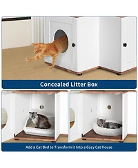homfan Multi-Level Wooden Crate with Storage Tall House with Hidden Litter Box, Scratching Post, Play Area, L-Shaped Design, Easy Clean Indoor Kennel.