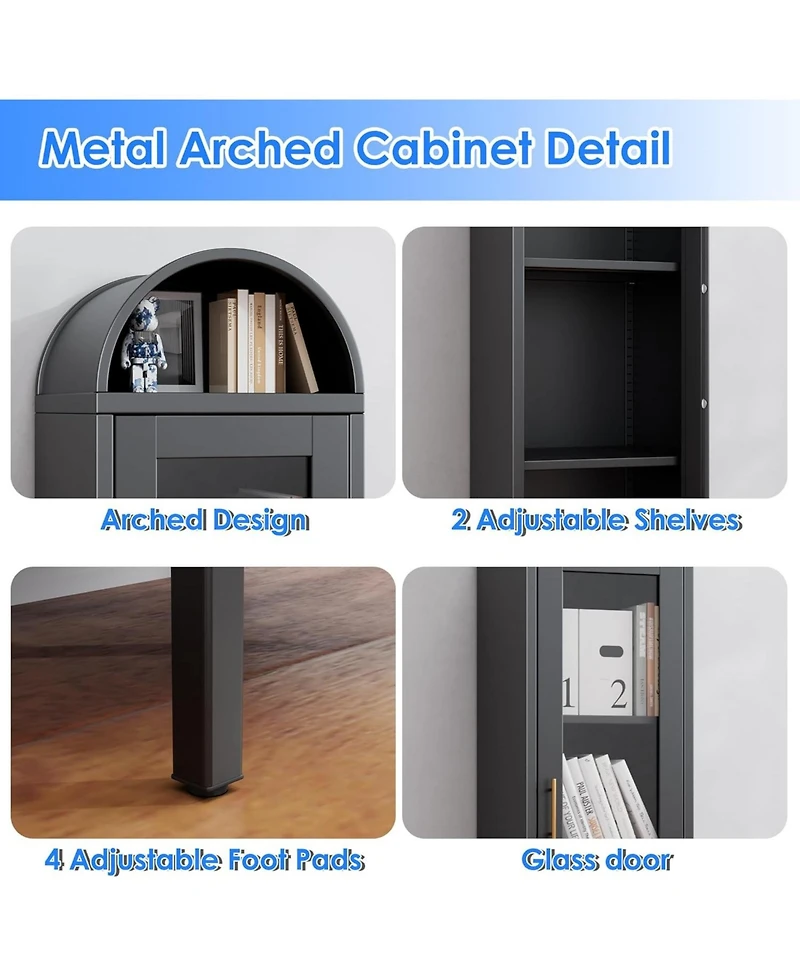 Boyel Living 63" Metal Arched Bookcase with Glass Doors, Tall Display Storage Cabinet with Shelves for Living Room
