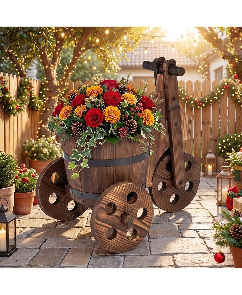 Costway Rustic Wood Tricycle Planter with Barrel Pot and Drainage for Patio Balcony Garden