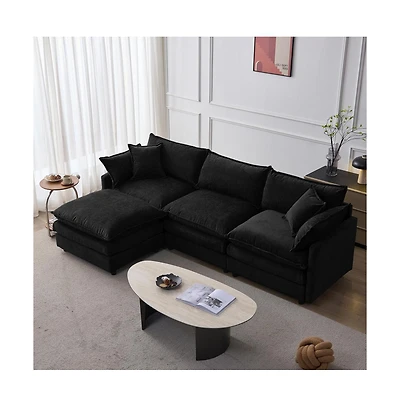 Rainsken 3 Seater L-Shaped Modular Sofa With Footstool, Upholstered Soft Chenille Fabric Sofa