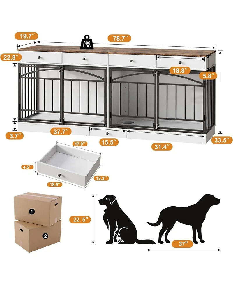 homfan Double Dog Crate Furniture for 2 Small/Medium Dogs with Drawers, Doors, Feeding Bowls, Wooden Indoor Kennel & Tv Stand